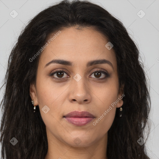 Joyful latino young-adult female with long  brown hair and brown eyes