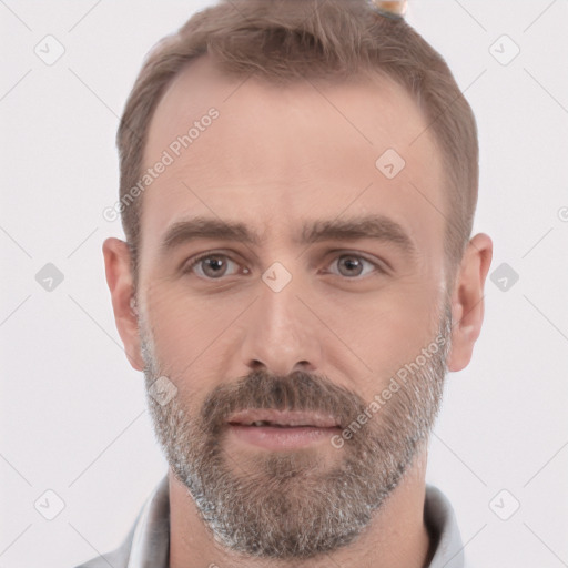 Neutral white adult male with short  brown hair and brown eyes