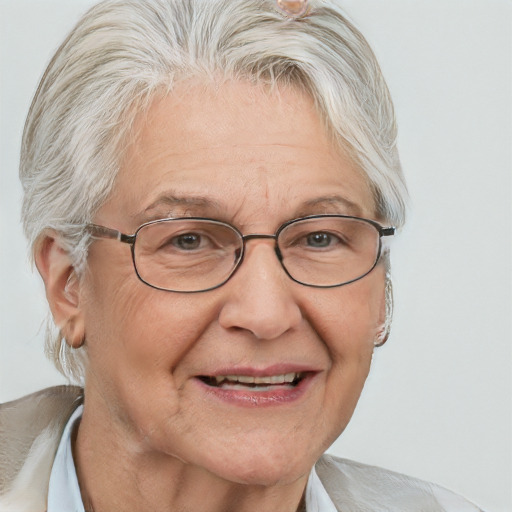 Joyful white middle-aged female with short  gray hair and blue eyes