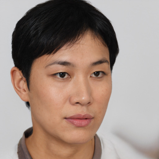 Neutral asian young-adult male with short  black hair and brown eyes