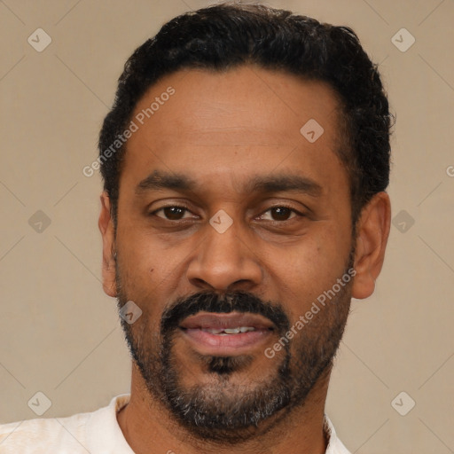 Neutral latino adult male with short  black hair and brown eyes