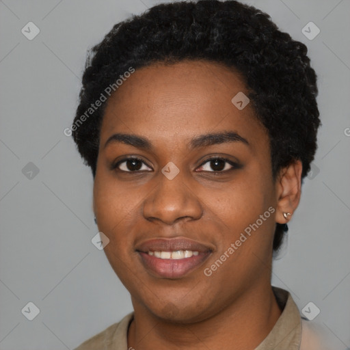 Joyful latino young-adult female with short  black hair and brown eyes