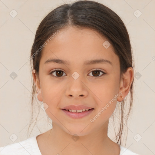 Joyful white child female with medium  brown hair and brown eyes