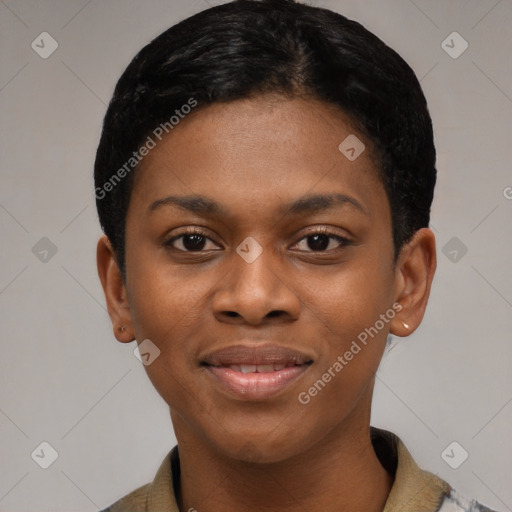 Joyful black young-adult female with short  black hair and brown eyes