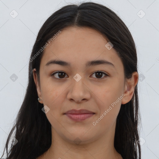 Joyful asian young-adult female with long  brown hair and brown eyes