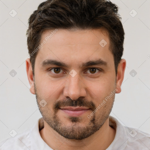 Joyful white young-adult male with short  brown hair and brown eyes