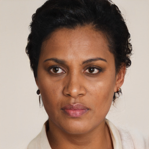 Neutral black adult female with short  brown hair and brown eyes