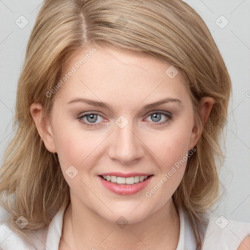 Joyful white young-adult female with medium  brown hair and blue eyes