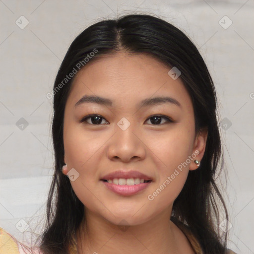 Joyful asian young-adult female with medium  black hair and brown eyes