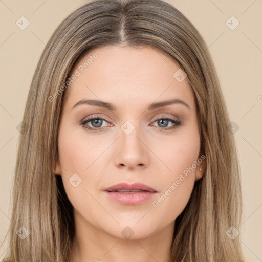 Neutral white young-adult female with long  brown hair and brown eyes