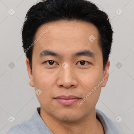 Neutral asian young-adult male with short  black hair and brown eyes