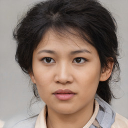 Neutral asian young-adult female with medium  brown hair and brown eyes