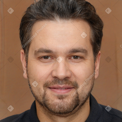 Joyful white adult male with short  brown hair and brown eyes