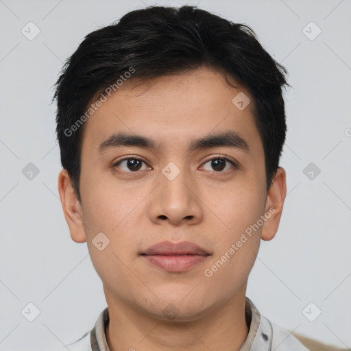 Neutral asian young-adult male with short  black hair and brown eyes