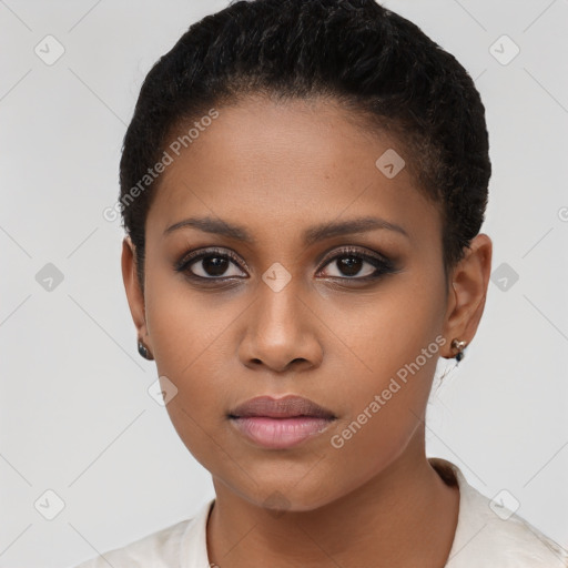 Neutral black young-adult female with short  brown hair and brown eyes