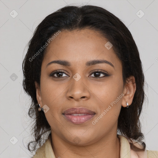Joyful latino young-adult female with medium  brown hair and brown eyes
