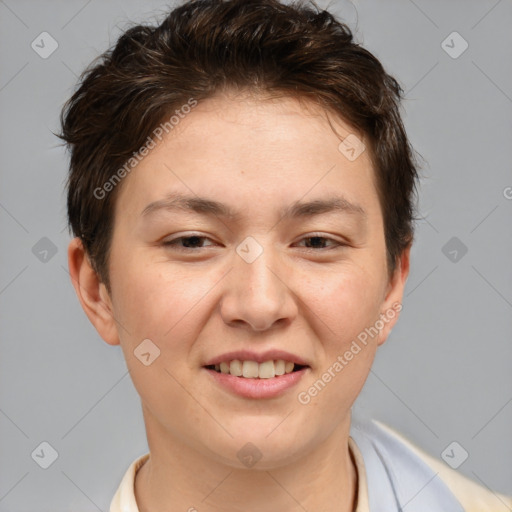 Joyful white young-adult female with short  brown hair and brown eyes