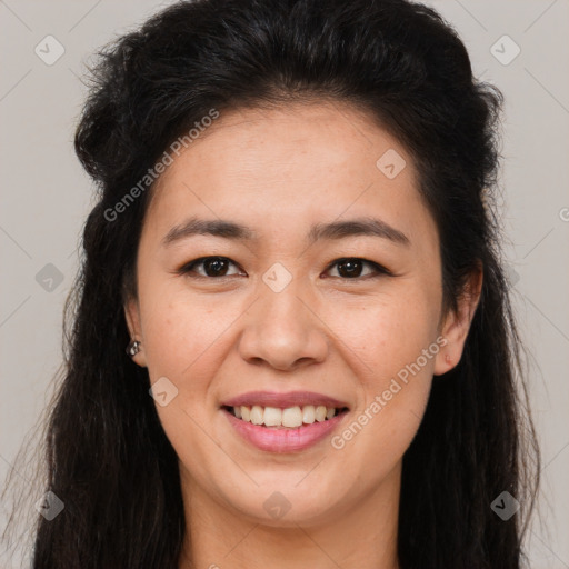 Joyful white young-adult female with long  brown hair and brown eyes