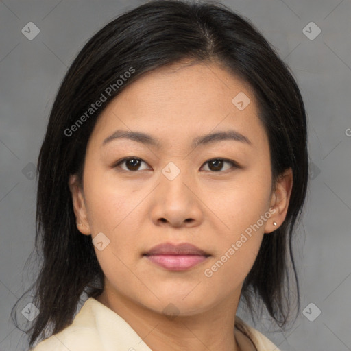 Joyful asian young-adult female with medium  brown hair and brown eyes