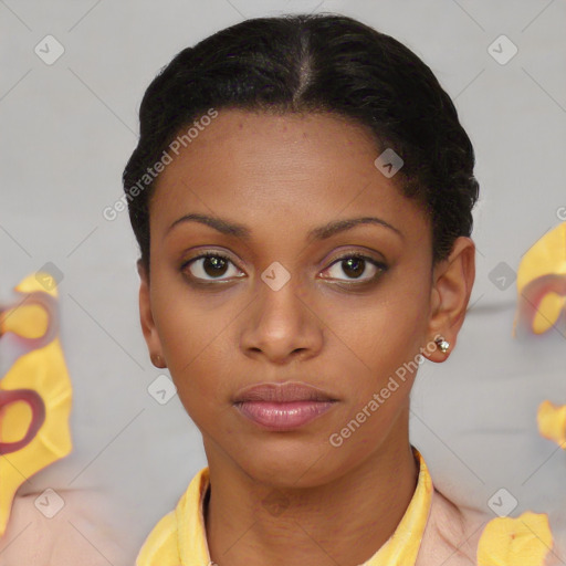 Neutral latino young-adult female with short  brown hair and brown eyes