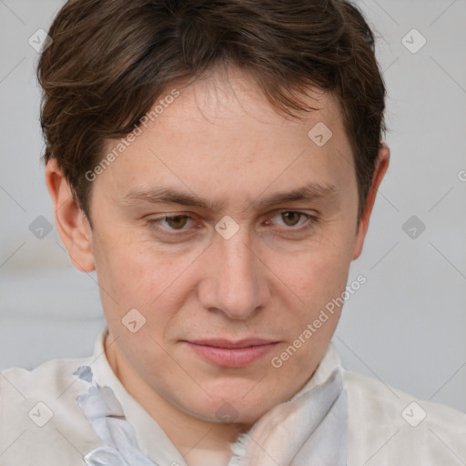 Joyful white adult male with short  brown hair and grey eyes