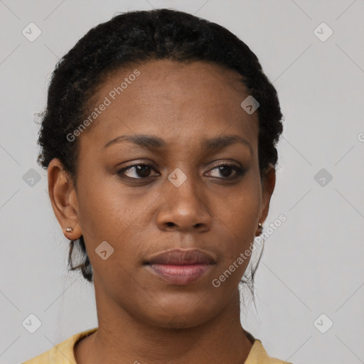 Neutral black young-adult female with short  black hair and brown eyes