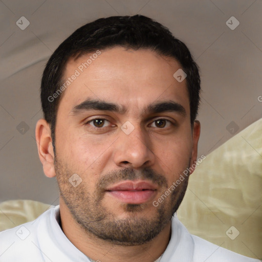 Neutral white young-adult male with short  brown hair and brown eyes