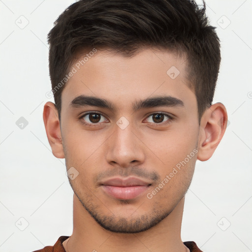 Neutral white young-adult male with short  brown hair and brown eyes