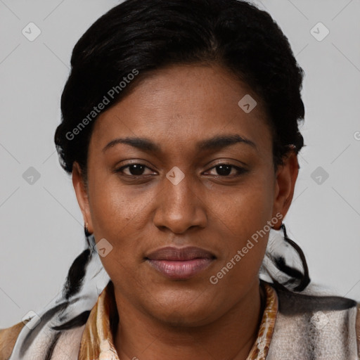 Joyful latino young-adult female with short  black hair and brown eyes
