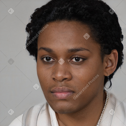 Neutral black young-adult female with short  black hair and brown eyes