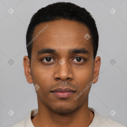 Neutral latino young-adult male with short  black hair and brown eyes