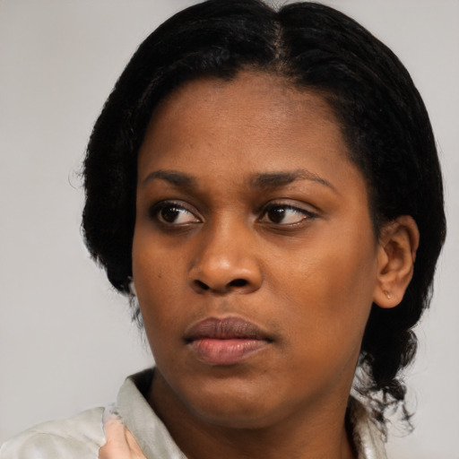 Neutral black young-adult female with medium  black hair and brown eyes