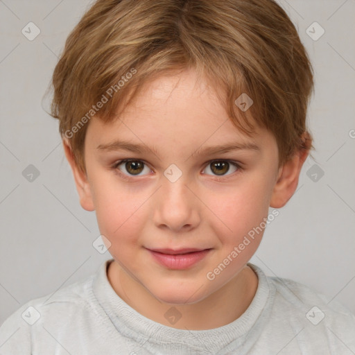 Joyful white child female with short  brown hair and brown eyes