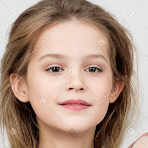 Joyful white child female with medium  brown hair and brown eyes