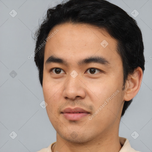 Neutral asian young-adult male with short  black hair and brown eyes