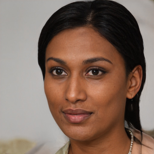 Neutral black young-adult female with medium  black hair and brown eyes