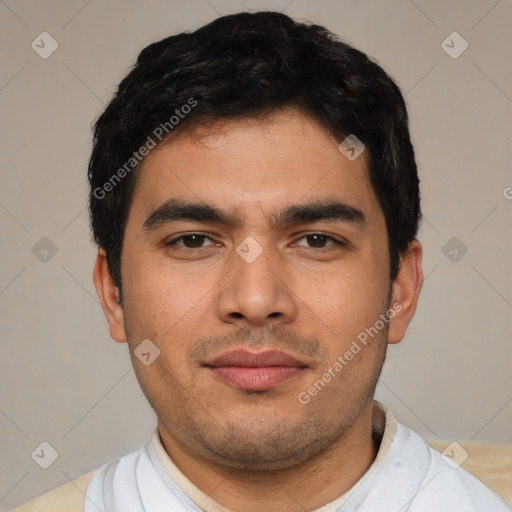 Neutral asian young-adult male with short  black hair and brown eyes