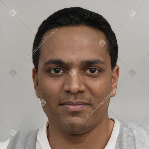 Neutral black young-adult male with short  black hair and brown eyes