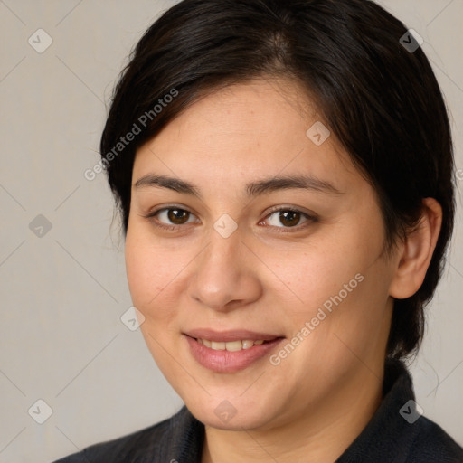 Joyful white young-adult female with medium  brown hair and brown eyes