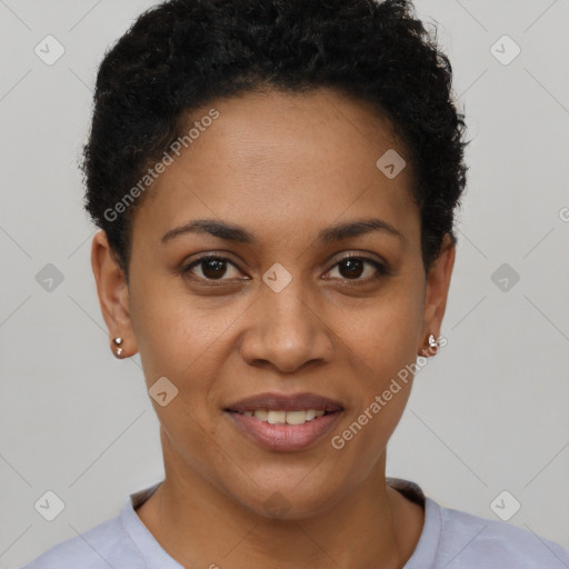 Joyful black young-adult female with short  brown hair and brown eyes