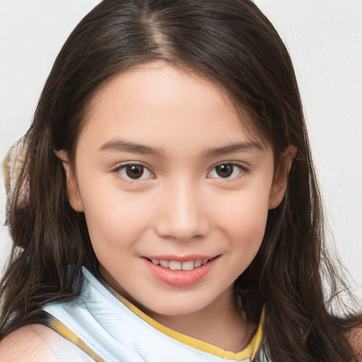 Joyful white child female with medium  brown hair and brown eyes