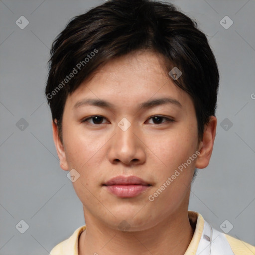 Neutral asian young-adult female with short  brown hair and brown eyes