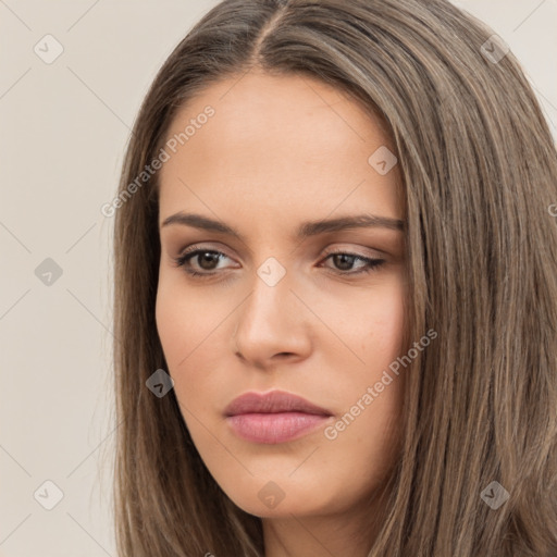 Neutral white young-adult female with long  brown hair and brown eyes