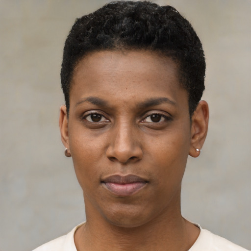 Neutral black young-adult female with short  black hair and brown eyes
