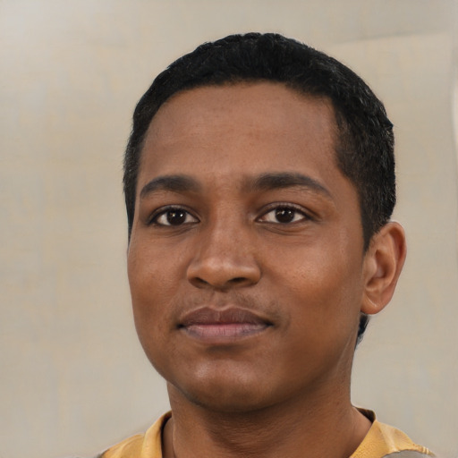 Neutral black young-adult male with short  black hair and brown eyes