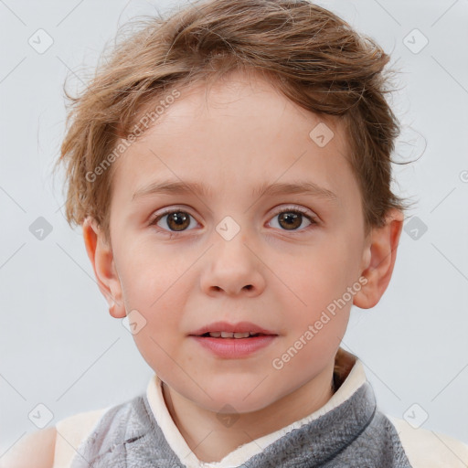 Joyful white child female with short  brown hair and brown eyes