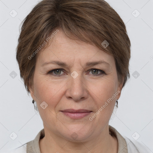 Joyful white adult female with medium  brown hair and grey eyes