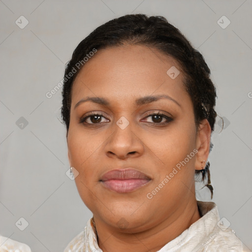Joyful latino young-adult female with medium  brown hair and brown eyes