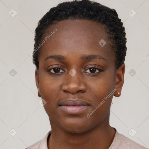 Neutral black young-adult female with short  black hair and brown eyes