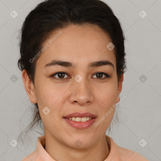 Joyful latino young-adult female with short  brown hair and brown eyes